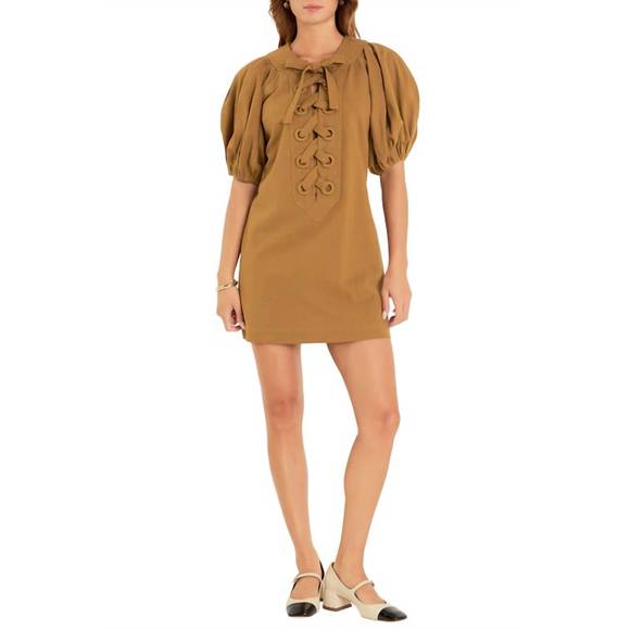 NEW ENGLISH FACTORY laced up puffed sleeve mini dress in olive - Picture 1 of 4